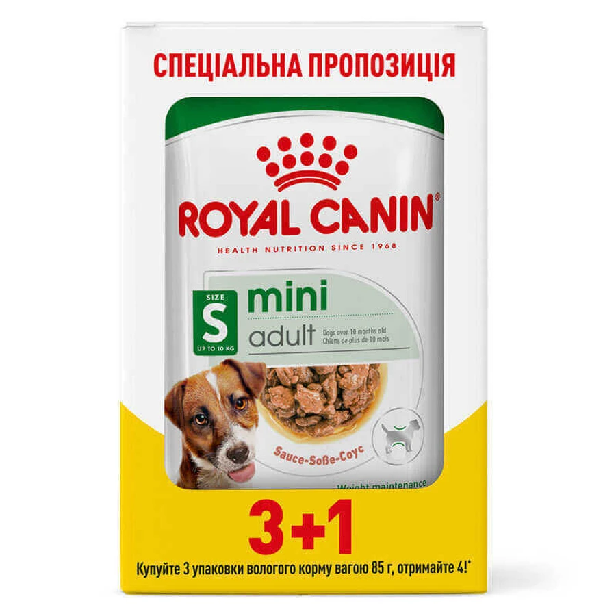 Royal Canin Mini Adult - Консервований корм для собак дрібних порід (шматочки в соусі); 3+1 шт.: ціни та характеристики