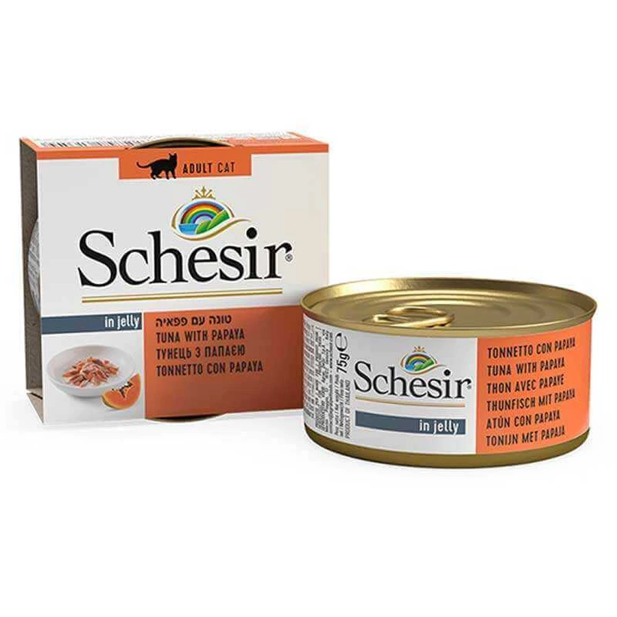 Schesir Tuna with Papaya - Консервований корм з тунцем і папаєю для дорослих котів (шматочки в желе); 75 г: ціни та характеристики