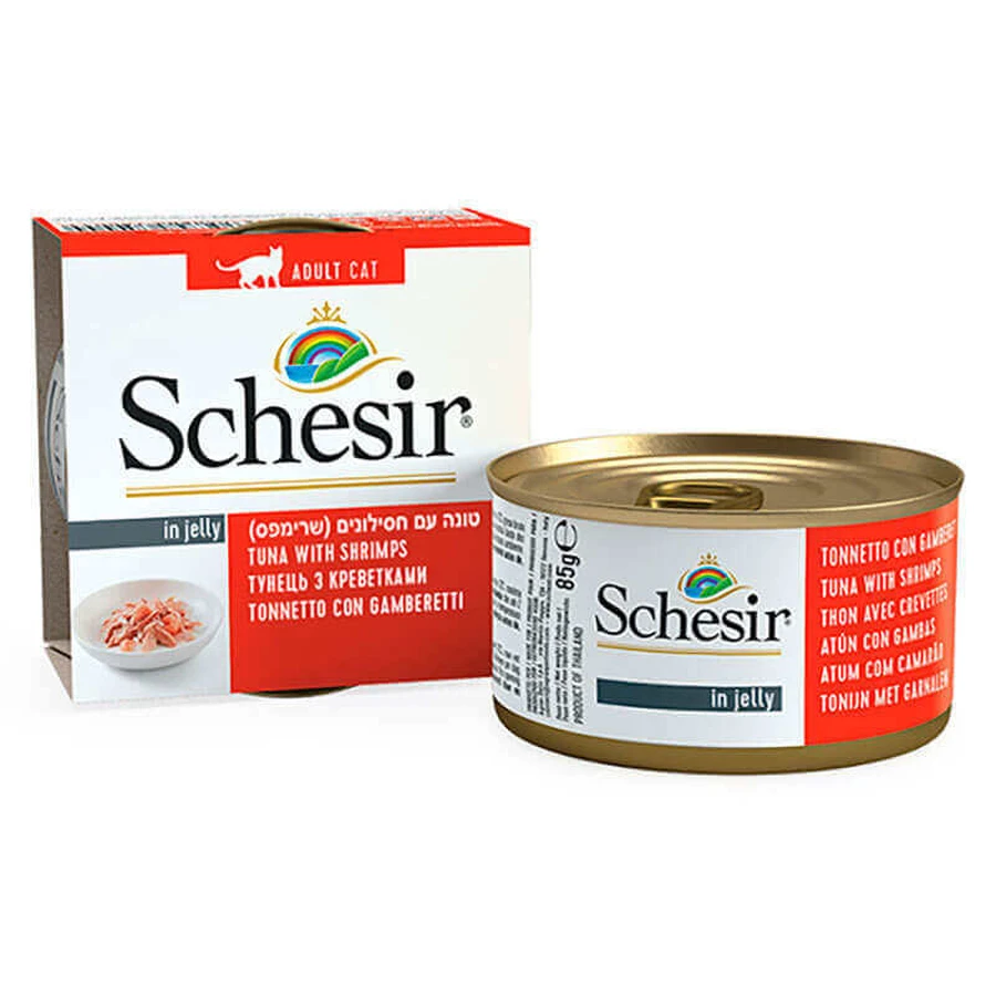 Schesir Tuna with Shrimps - Консервований корм з тунцем і креветками для дорослих котів (шматочки в желе); 85 г: ціни та характеристики