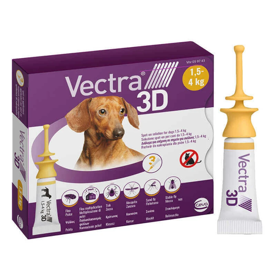 Vectra 3D (Вектра 3Д) by Ceva Протипаразитарні краплі на холку для собак від бліх та кліщів, 1,5-4 кг (3 шт./уп.): ціни та характеристики