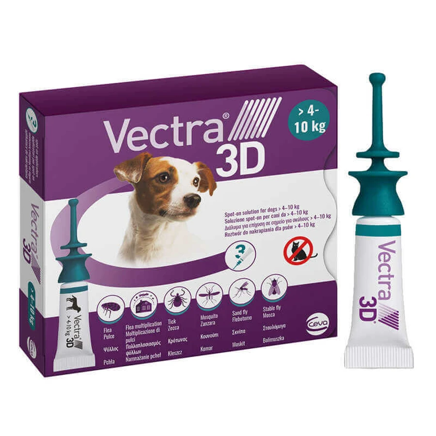 Vectra 3D (Вектра 3Д) by Ceva Протипаразитарні краплі на холку для собак від бліх та кліщів, 4-10 кг (3 шт./уп.): ціни та характеристики