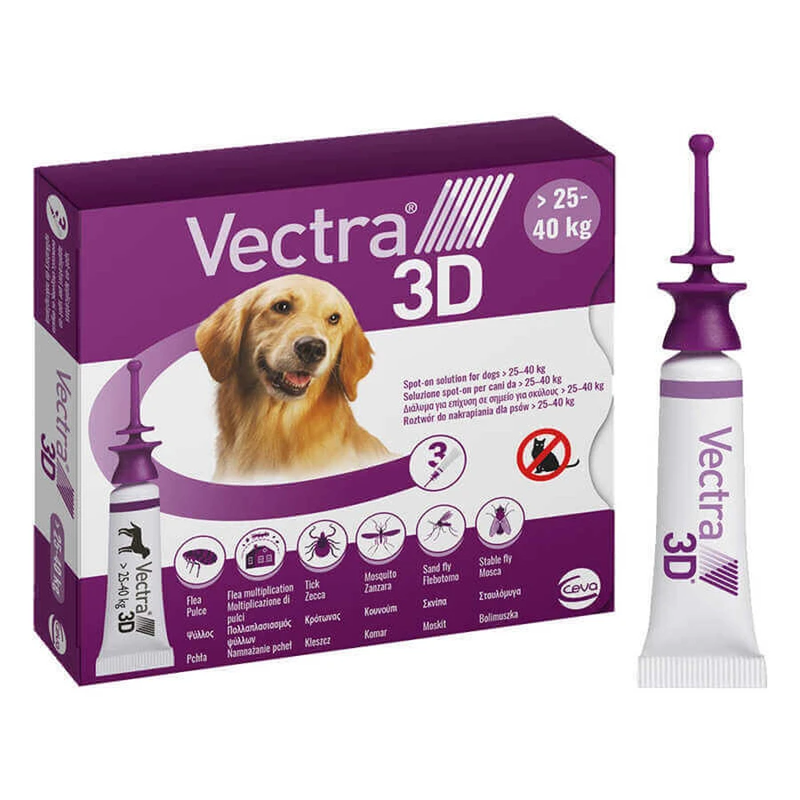 Vectra 3D (Вектра 3Д) by Ceva Противопаразитарные капли на холку для собак от блох и клещей, 25-40 кг (3 шт./уп.): цены и характеристики
