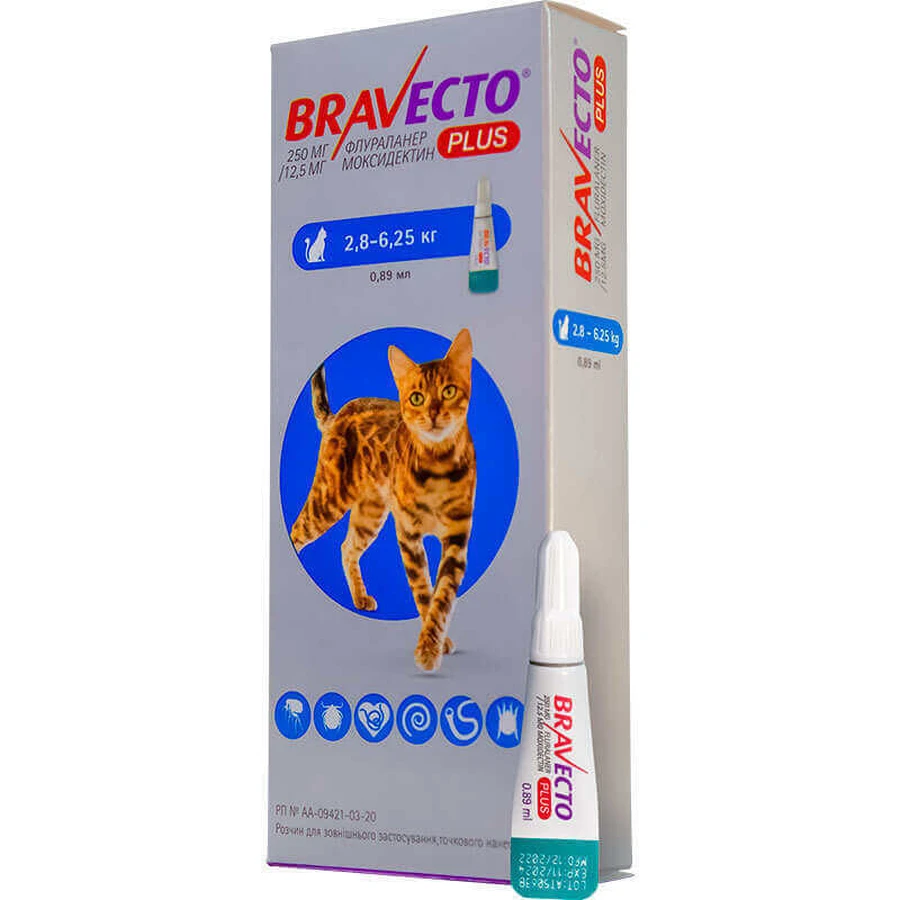 Bravecto Plus (Бравекто Плюс) Противопаразитарные капли на холку от блох, клещей и глистов для котов; 2,8-6,25 кг: цены и характеристики