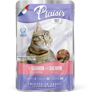 Plaisir (Плєзір) Adult Sterilized Cat Salmonamp;Cod Chunks In Gravy - Повнораціонний вологий корм з лососем та тріскою для дорослих стерилізованих котів (шматочки в соусі); 100 г