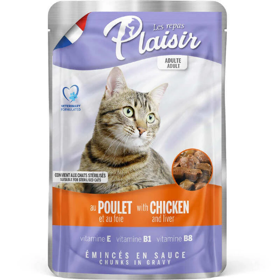 Plaisir (Плєзір) Adult Sterilized Cat Chickenamp;Liver Chunks In Gravy - Повнораціонний вологий корм з куркою та печінкою для дорослих стерилізованих котів (шматочки в соусі); 100 г: ціни та характеристики