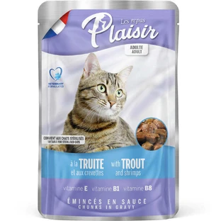 Plaisir (Плєзір) Adult Sterilized Cat Troutamp;Shrimps Chunks In Gravy- Повнораціонний вологий корм з фореллю та креветками для дорослих стерилізованих котів (шматочки в соусі); 100 г