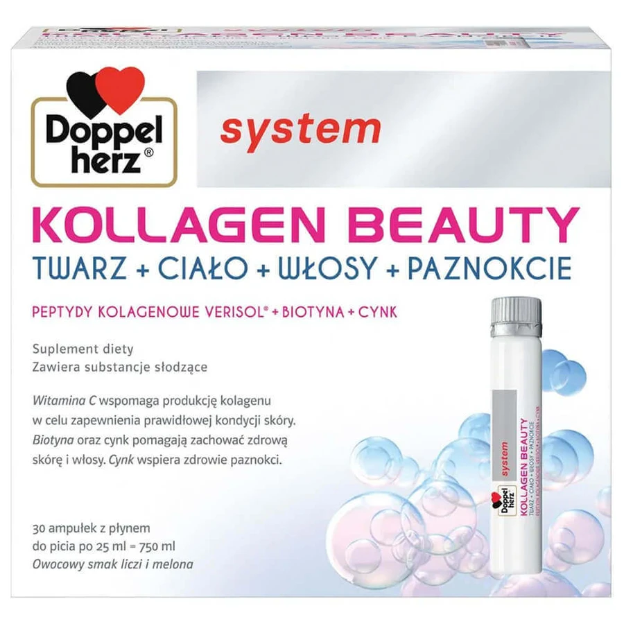 Doppelherz System Kollagen Beauty, со вкусом личи и дыни, 25 мл x 30 ампул + Magnesium-B6 Forte 400, 30 таблеток бесплатно: цены и характеристики