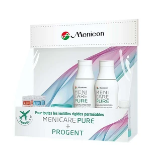 Menicon MeniCare Pure Travel Kit - многофункциональный раствор + Прогент 2х70 мл + 2 процедуры + 2 держателя