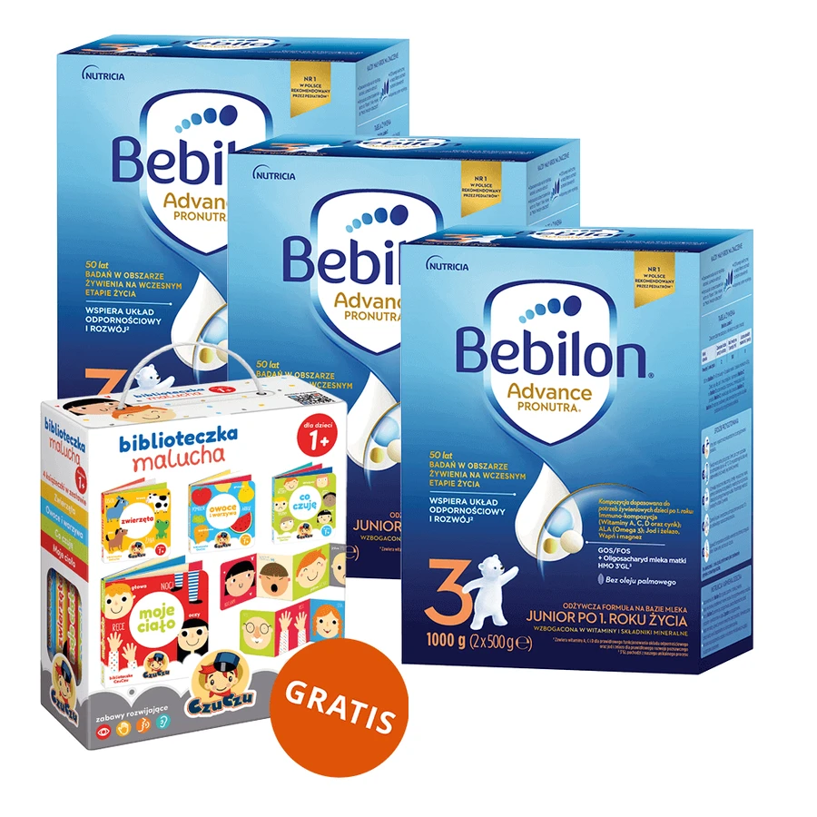 Набір Bebilon Advance Pronutra 3 Junior, поживна молочна суміш, після 1 року, 3 х 1000 г + Бібліотека малюка CzuCzu, 4 книги для дітей, від 12 місяців безкоштовно: ціни та характеристики