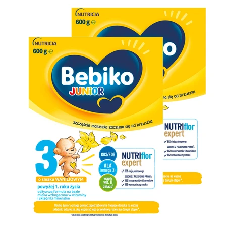 Bebiko Junior 3 Nutriflor Expert set, formulă nutritivă pe bază de lapte, peste 1 an, aromă de vanilie, 2 x 600 g: цены и характеристики