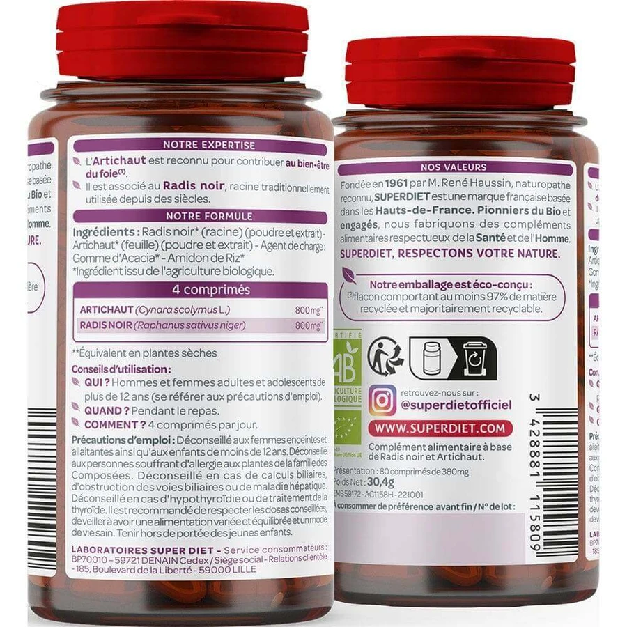 Superdiet Radis Noir Artichaut Bio Bien être du foie 80 comprimés: цены и характеристики