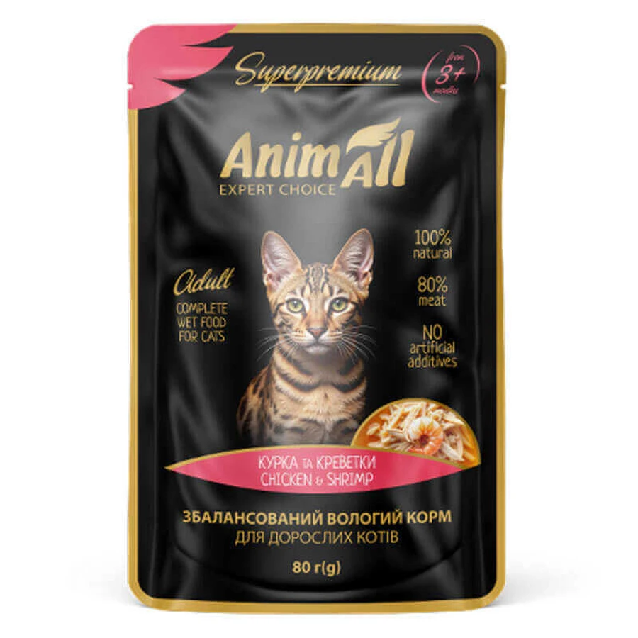 AnimAll Chicken & Shrimp - Вологий корм з куркою та креветкою для котів (шматочки в соусі), 80 г: ціни та характеристики