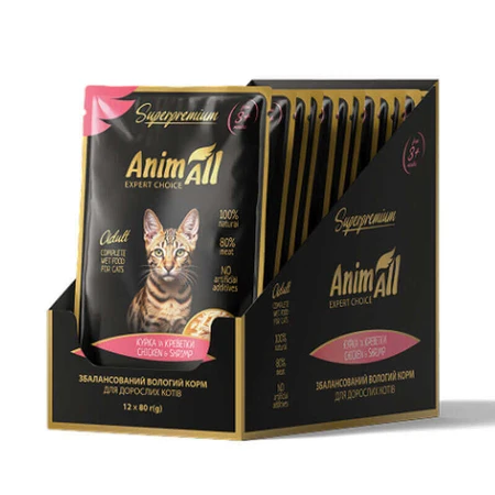 AnimAll Chicken & Shrimp - Вологий корм з куркою та креветкою для котів (шматочки в соусі), 80 г: ціни та характеристики