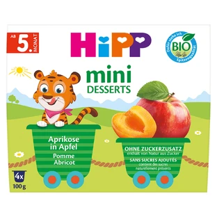 HiPP Міні Десерт Біо, яблуко, абрикос, після 5 місяців, 4 х 100 г