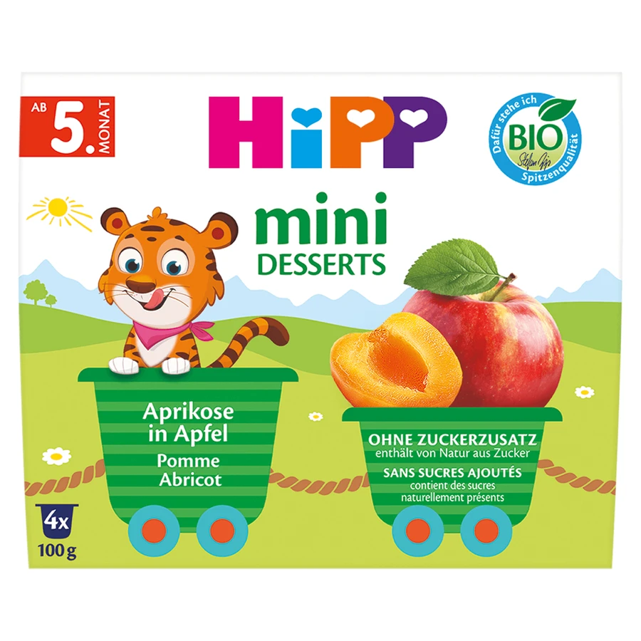 HiPP Міні Десерт Біо, яблуко, абрикос, після 5 місяців, 4 х 100 г: ціни та характеристики