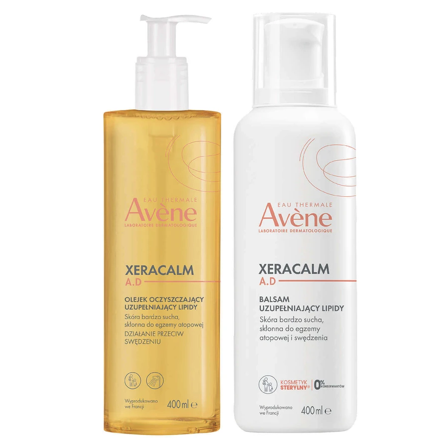 Набір Avene XeraCalm A.D, лосьйон для обличчя та тіла, що поповнює запаси ліпідів, для дуже сухої, атопічної та сверблячої шкіри, 400 мл + очищувальна олія, що поповнює запаси ліпідів, 400 мл: ціни та характеристики