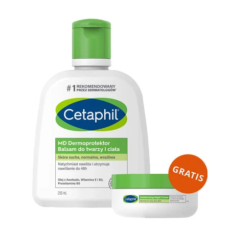 Cetaphil MD Dermoprotector, зволожуючий лосьйон для обличчя та тіла, для сухої та чутливої шкіри, 250 мл + Зволожуючий крем для обличчя з гіалуроновою кислотою, нічний крем, 48 мл безкоштовно: ціни та характеристики