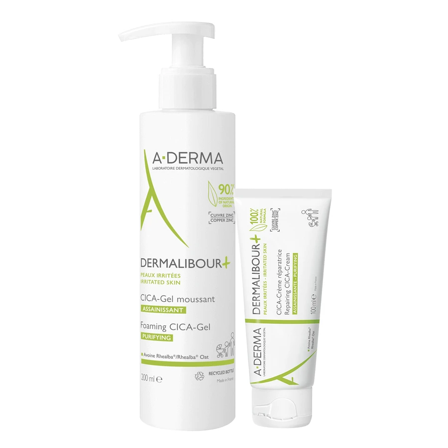 Набір A-Derma Dermalibour+ Cica, регенеруючий крем для подразненої шкіри, з першого дня, 100 мл + гель для очищення подразненої шкіри, 200 мл: ціни та характеристики
