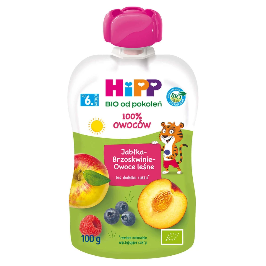 HiPP HiPPiS Bio фруктовый мусс, яблоки, персики и ягоды, после 6 месяцев, 100 г: цены и характеристики