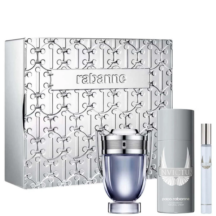 Paco Rabanne Invictus Набір туалетна вода, 100 мл + дезодорант-спрей, 150 мл + туалетна вода-мініатюра, 10 мл: ціни та характеристики