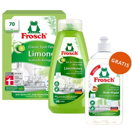 Набір Frosch, Таблетки для посудомийної машини, Classic, лайм, 70 шт + Гель для миття посуду, лайм, 650 мл + Рідина для миття посуду, мигдаль, 500 мл безкоштовно: ціни та характеристики