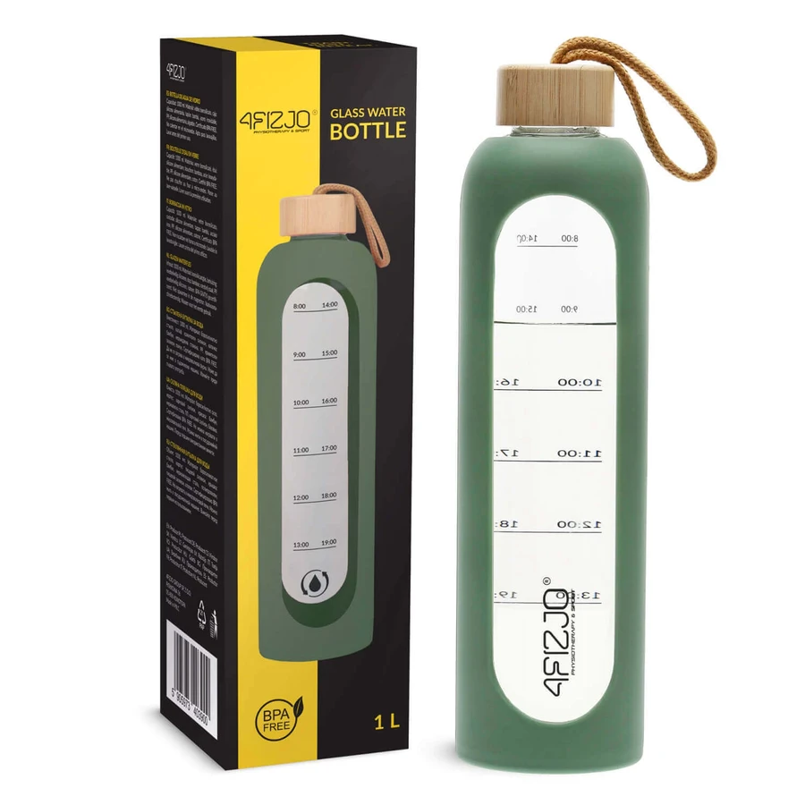 4Fizjo, sticlă de apă în carcasă de silicon, motivațională, verde, 1 l: цены и характеристики
