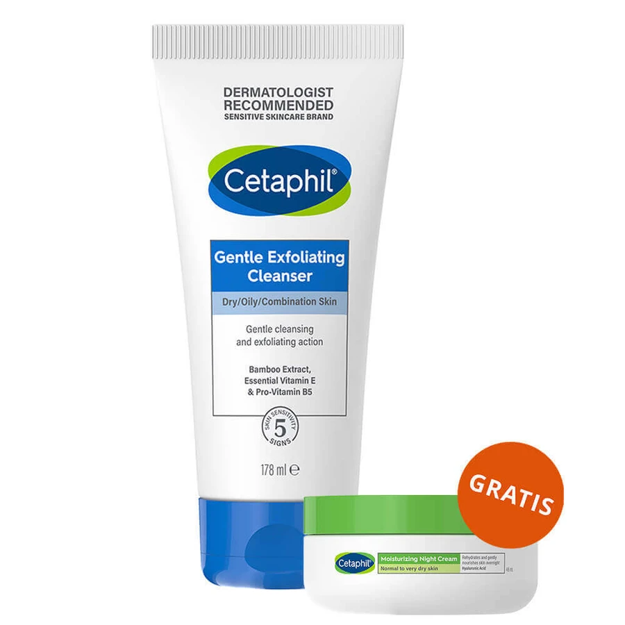 Cetaphil, гель для догляду за шкірою обличчя з відлущувальним ефектом, 178 мл + крем для догляду за шкірою обличчя з кислотою гіалуроновою, ноапте, 48 мл безоплатно: ціни та характеристики