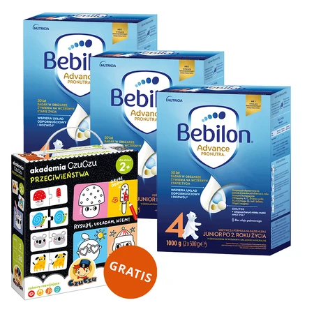 Набір Bebilon Advance Pronutra 4 Junior, поживна молочна суміш, після 2 років, 3 х 1000 г + Академія протилежностей CzuCzu, 2 книги + пазли, від 2 років безкоштовно: ціни та характеристики