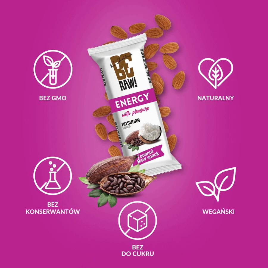 BeRaw! Energy Raw Snack, енергетичний батончик, сире какао, кокос, 40 г: ціни та характеристики