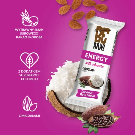 BeRaw! Energy Raw Snack, енергетичний батончик, сире какао, кокос, 40 г: ціни та характеристики