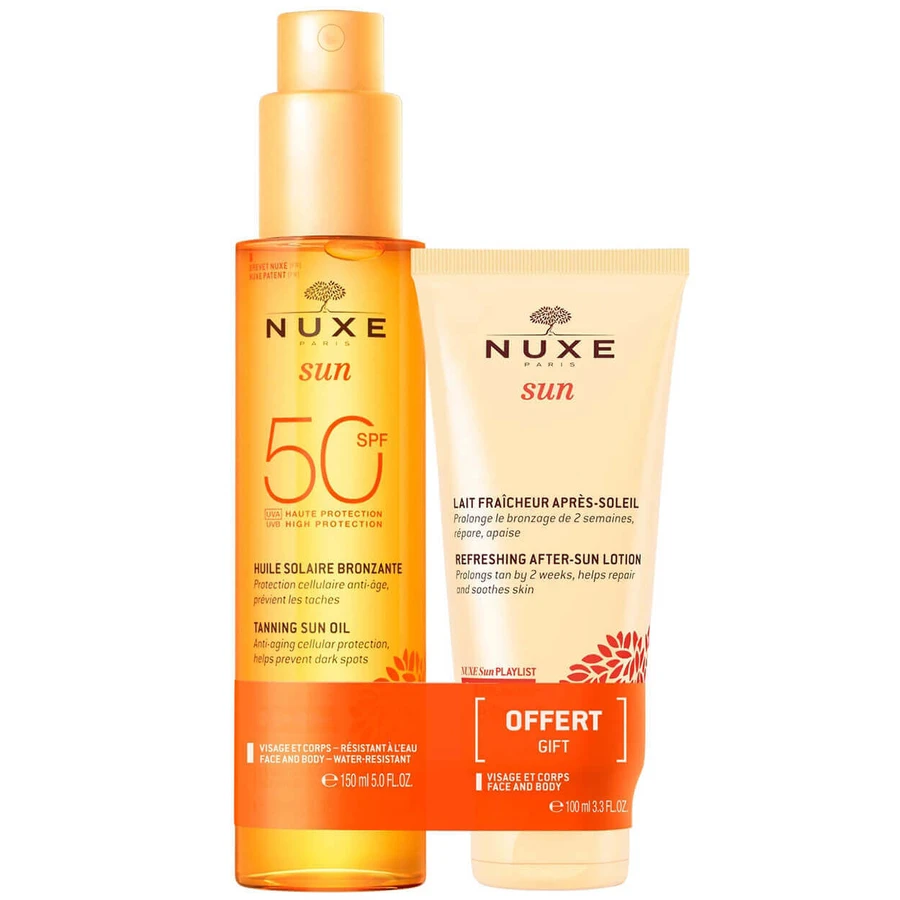 Nuxe Sun, Бронзирующее масло для загара, спрей, SPF 50, 150 мл + Лосьон после загара, 150 мл комплиментарная упаковка BROKEN PACKING: цены и характеристики