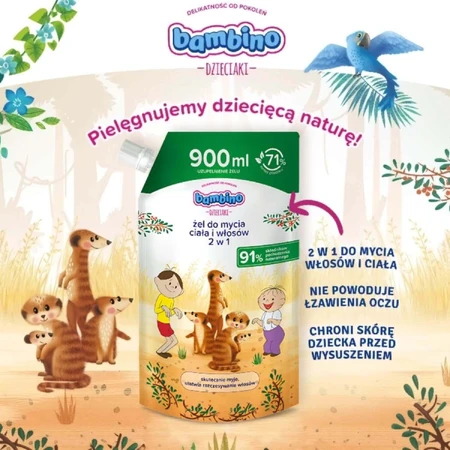 Набір Bambino Kids, гель для миття тіла та волосся 2-в-1, Болек і Лолек та сурікатки, від 1 року, 1 л + упаковка, 900 мл + безкоштовні гральні карти: ціни та характеристики