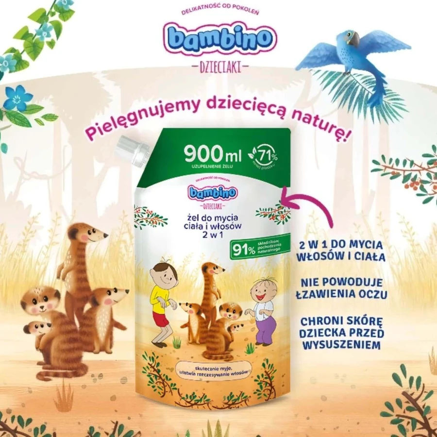 Набір Bambino Kids, гель для миття тіла та волосся 2-в-1, Болек і Лолек та сурікатки, від 1 року, 1 л + упаковка, 900 мл + безкоштовні гральні карти: ціни та характеристики
