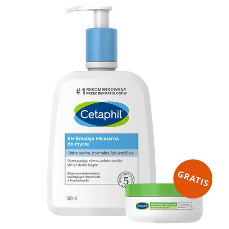 Cetaphil EM, Emulsie micelară pentru curățarea pielii sensibile, pentru întreaga familie, 500 ml + Cremă hidratantă pentru față cu acid hyaluronic, cremă de noapte, 48 ml gratuit: цены и характеристики