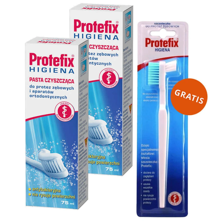 Protefix Hygiene Kit, паста для чищення зубних протезів та ортодонтичних конструкцій, 2 x 75 мл + щітка для чищення зубних протезів, 1 безкоштовно: ціни та характеристики