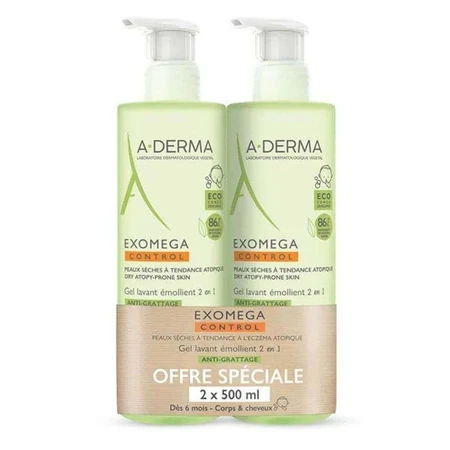A-Derma Exomega Control Emollient очищающий гель для тела и волос 2х500 мл: цены и характеристики