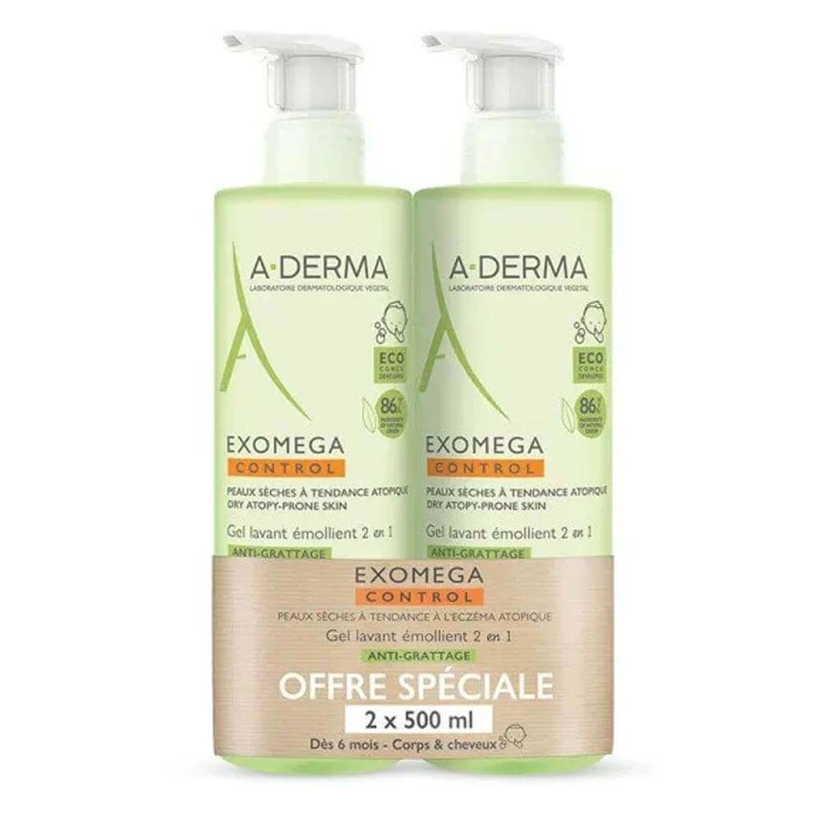 A-Derma Exomega Control Emollient очищающий гель для тела и волос 2х500 мл: цены и характеристики