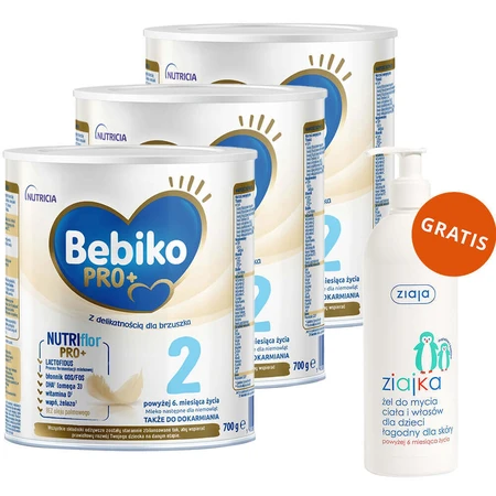 Набір Bebiko Pro+ 2 Nutriflor Pro+, молочко після годування, від 6 місяців, 3 x 700 г + Ziajka, гель для миття тіла та волосся для дітей, від 6 місяців, 400 мл безкоштовно: ціни та характеристики