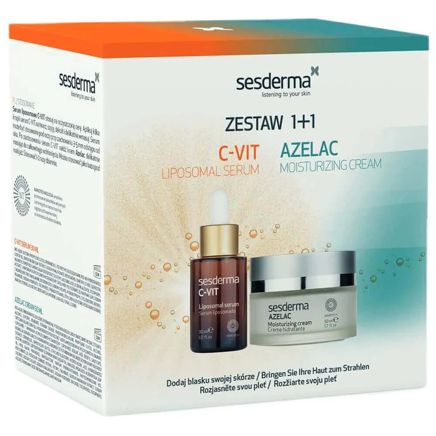 Набір Sesderma Azelac, зволожуючий крем, 50 мл + C-Vit, ліпосомна сироватка для обличчя, 30 мл: ціни та характеристики