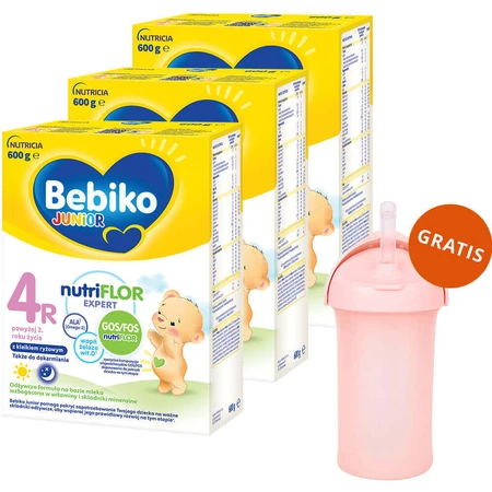 Набір Bebiko Junior 4R Nutriflor Expert, поживна молочна суміш з рисовою кашею, від 2 років, 3 х 600 г + Boon, пляшечка з соломинкою Swig, 265 мл безкоштовно: ціни та характеристики