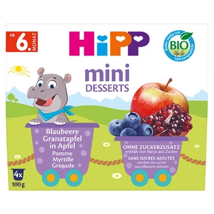 HiPP Mini Dessert Bio, яблоко, черника, гранат, после 6 месяцев, 4 х 100 г