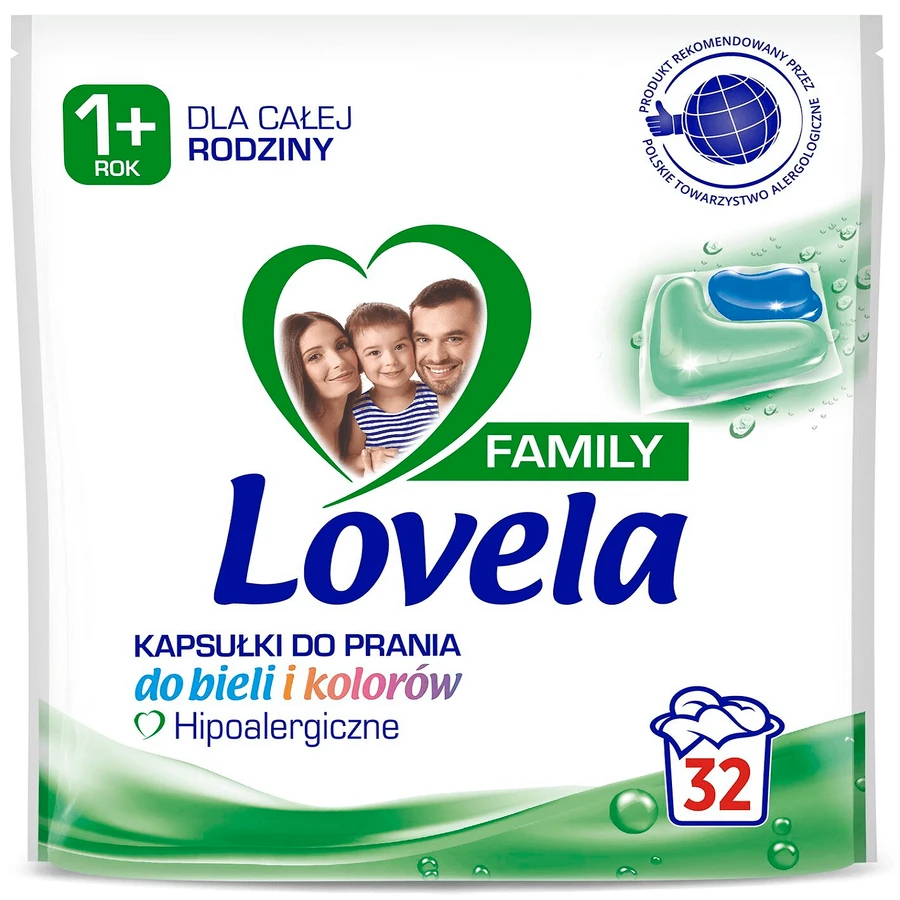 Lovela Family, гіпоалергенні капсули для прання, білі та кольорові, від 1 року, 32 шт.: ціни та характеристики