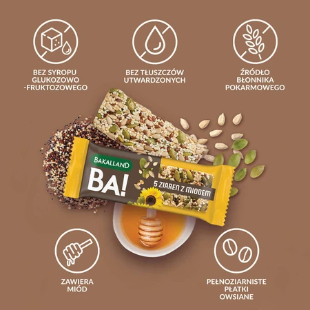 Bakalland BA! Злаковий батончик, 5 зерен з медом, 40 г: ціни та характеристики