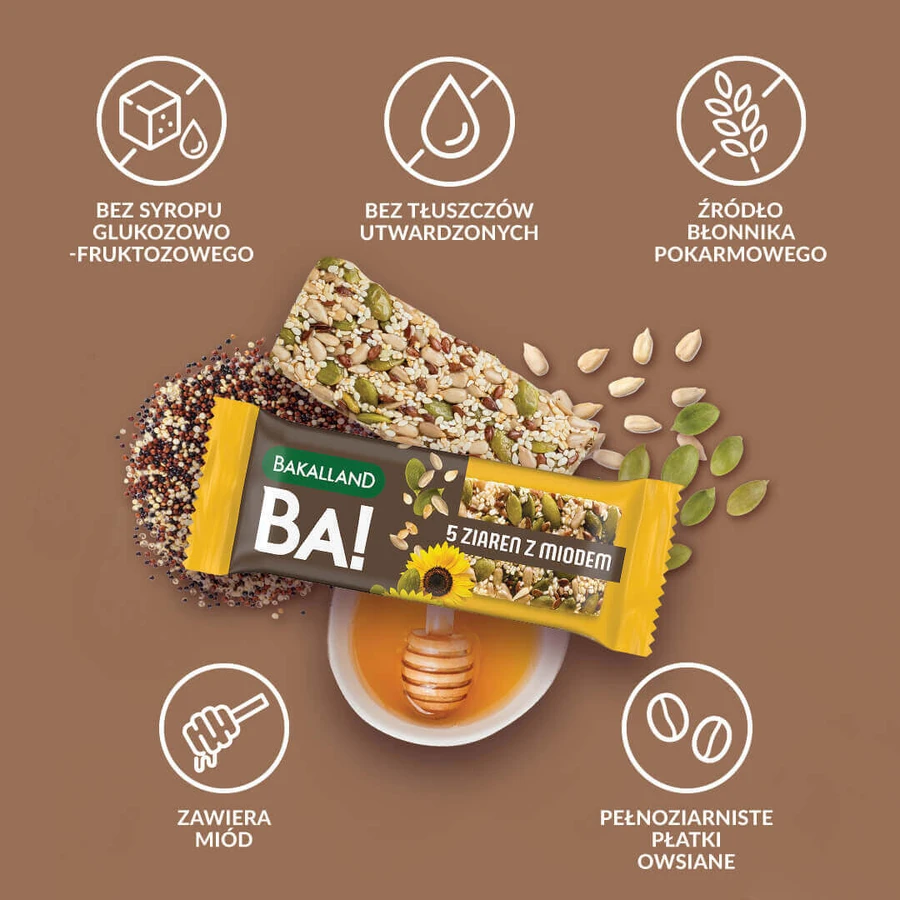 Bakalland BA! Злаковий батончик, 5 зерен з медом, 40 г: ціни та характеристики