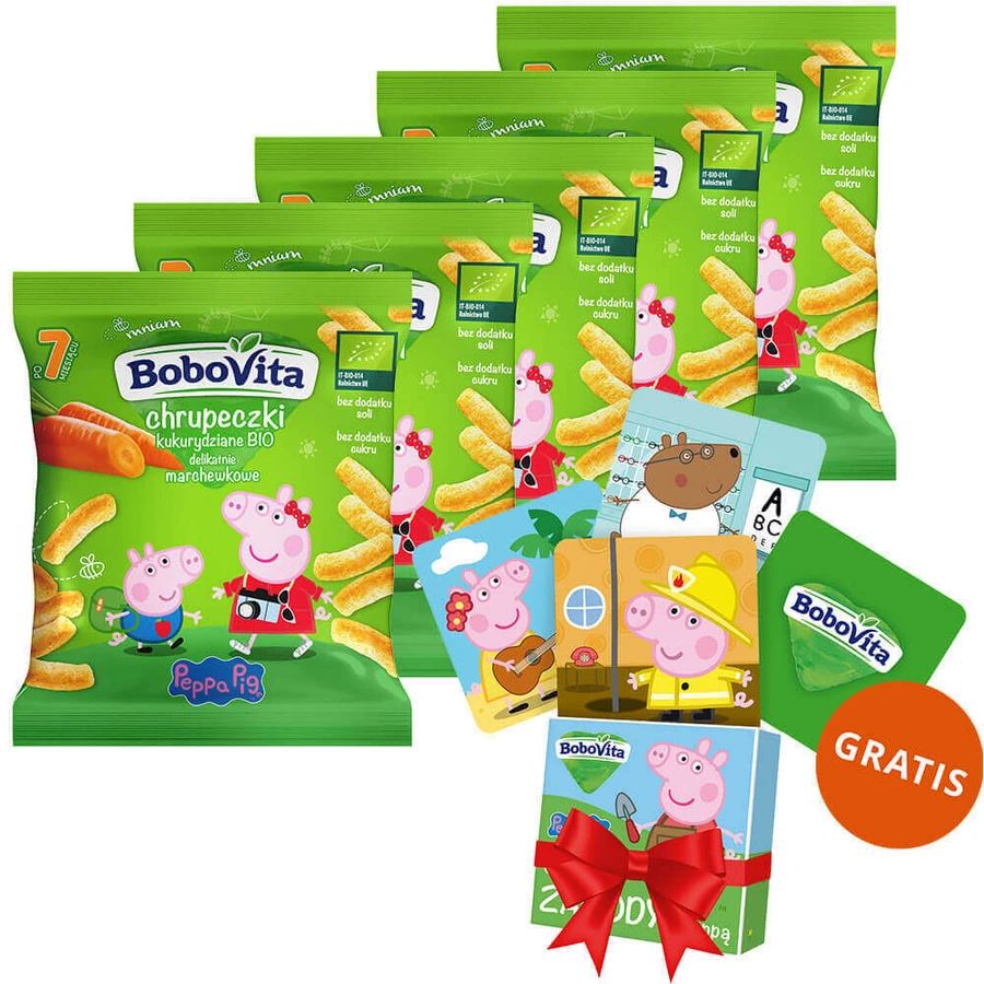 BoboVita Свинка Пеппа Кукурудзяні чіпси Біо, морська капуста, дуппе 7 лун, 5 х 20 г + цукерки де джок де меморі, 24 грн.: ціни та характеристики