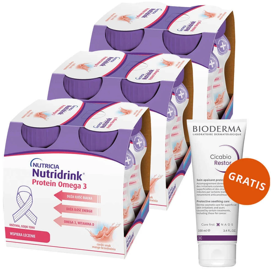 Набір Nutridrink Protein Omega 3, formulă nutritivă, aromă crocantă mango-piersică, 12 x 125 мл + Bioderma Cicabio Restor, cremă, 100 мл gratuită: ціни та характеристики