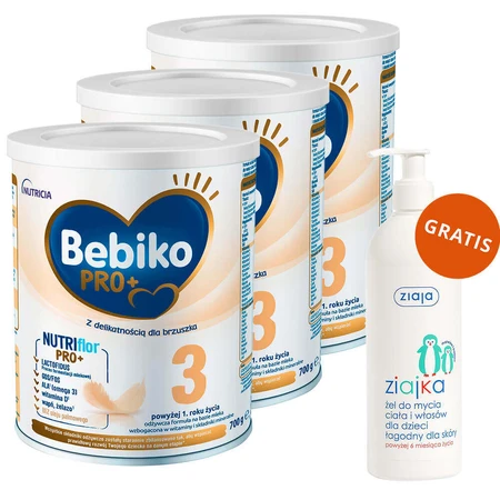 Набір Bebiko Pro+ 3 Nutriflor Pro+, модифіковане молоко, від 1 року, 3 х 700 г + Ziajka, гель для миття тіла та волосся для дітей, від 6 місяців, 400 мл безкоштовно: ціни та характеристики
