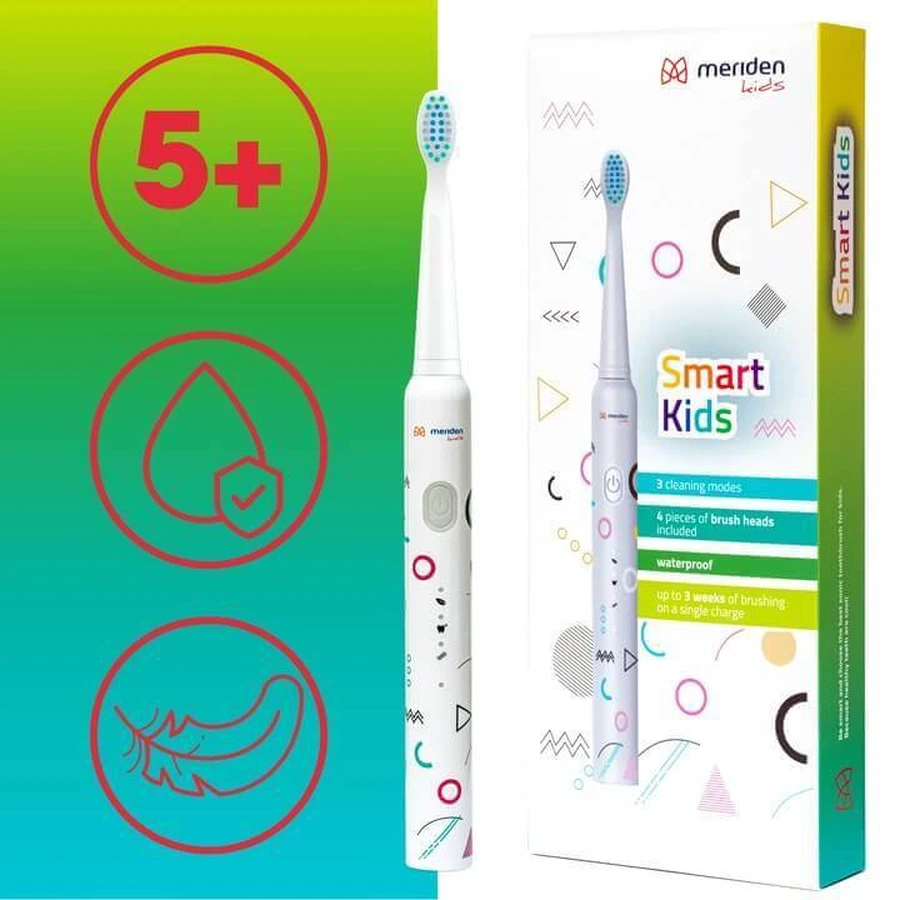 Meriden Smart Kids, звукова зубна щітка для дітей, біла, від 5 років, 1 штука + змінні насадки, 4 штуки: ціни та характеристики