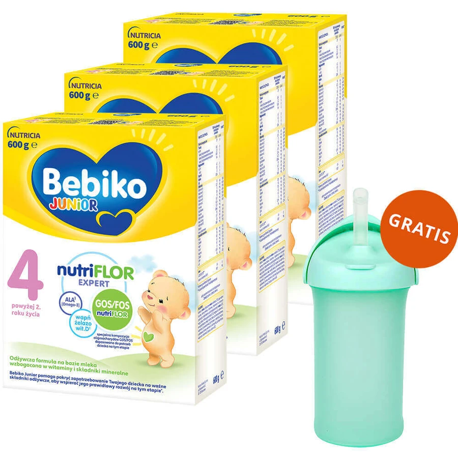 Набір Bebiko Junior 4 Nutriflor Expert, поживна молочна суміш, від 2 років, 3 х 600 г + пляшечка з соломинкою Boon, Swig, 265 мл безкоштовно: ціни та характеристики