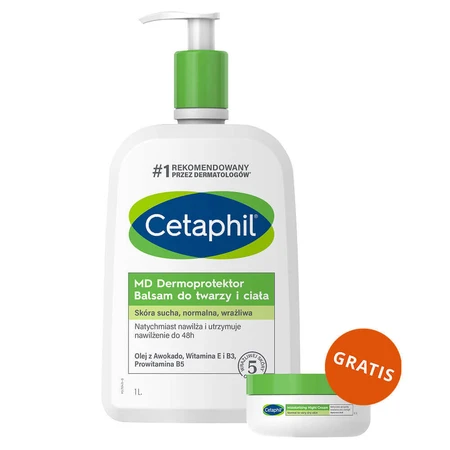 Cetaphil MD Dermoprotector, зволожуючий лосьйон для обличчя та тіла, для сухої та чутливої шкіри, з помпою, 1 л + зволожуючий крем для обличчя з гіалуроновою кислотою, нічний крем, 48 мл безкоштовно: ціни та характеристики